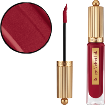 Matowa pomadka Bourjois Rouge Velvet Ink w butelce ze złotą zakrętką, z aplikatorem i bordowym wzornikiem.
