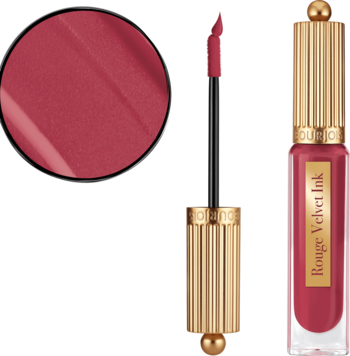 Pomadka Bourjois Rouge Velvet Ink malinowa, matowa, z precyzyjnym aplikatorem i okrągłym swatche.