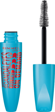 Rimmel Scandal'Eyes Volume On Demand, niebieska wodoodporna maskara, otwarta tubka z wysuniętą szczoteczką.