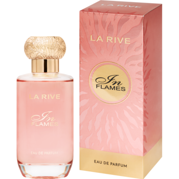 La Rive In Flames woda perfumowana dla kobiet, różowa butelka z ozdobnym korkiem i pasujący kartonik, widok z przodu.