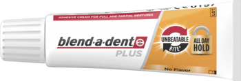 Tubka Blend-a-dent Plus klej do protez, biała z pomarańczowym akcentem, gwarantuje mocne, całodzienne utrzymanie.