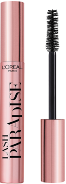 L'Oréal Lash Paradise mascara w lśniącej różowo-złotej tubce z wyjętą obok czarną szczoteczką, widok z przodu.