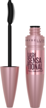 Maybelline Lash Sensational: różowozłoty tusz do rzęs z czarną, wachlarzową szczoteczką, otwarte opakowanie.