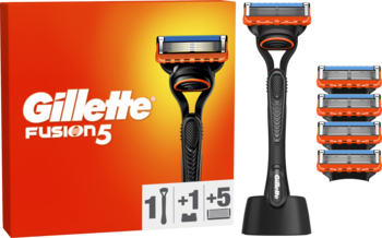 Zestaw startowy Gillette Fusion5: czarna maszynka, 1 ostrze i 5 wymiennych wkładów, ze stojakiem, w pomarańczowym pudełku.