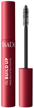 Isadora The Build Up Mascara Extra Volume w czerwonej tubce z czarną szczoteczką, widok z przodu.