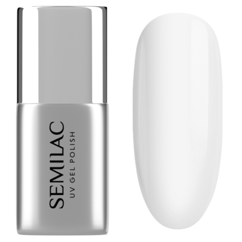 Biały lakier hybrydowy Semilac UV Gel Polish w srebrnej butelce, obok biały wzornik koloru na paznokciu.