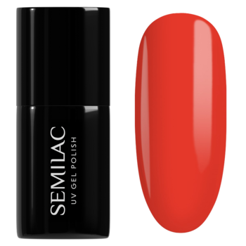 Lakier hybrydowy Semilac 039 Sexy Red: czarna butelka obok błyszczącego, ciepłego, czerwonego paznokcia testowego.