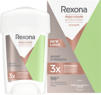 Rexona Maximum Protection Sport Strength antyperspirant w kremie, widok sztyftu i pudełka na białym tle.