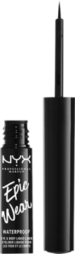 Czarny eyeliner NYX Epic Wear Waterproof, otwarty flakonik z precyzyjnym aplikatorem, matowe wykończenie.