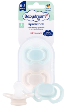 Babydream dwupak symetrycznych smoczków (0-3m) silikonowych: jasnoniebieski i beżowy, w opakowaniu i luzem.