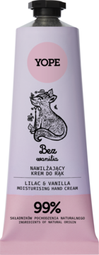 Krem do rąk YOPE Lilac & Vanilla w fioletowej tubce z rysunkiem lisa, widok z przodu. 99% składników naturalnych.