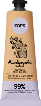 Yope Nourishing Hand Cream Tangerine & Raspberry, pomarańczowa tuba z grafiką borsuka, widok z przodu.
