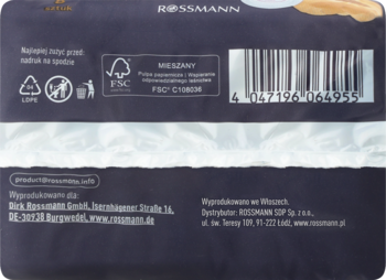 Ciemny tył opakowania podpasek higienicznych Facelle ultra extra na noc z kodem kreskowym, certyfikatem FSC i symbolami recyklingu.