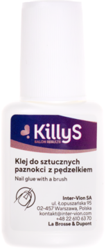 KillyS klej do sztucznych paznokci z pędzelkiem, biała buteleczka z fioletową etykietą, widok przodem.