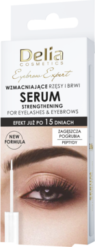 Delia Eyebrow Expert Serum wzmacniające rzęsy i brwi, białe opakowanie, widok z przodu z okiem i aplikatorem.