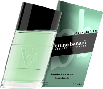 bruno banani Made for Men woda toaletowa 50ml w jasnozielonej butelce i pudełku, widok pod kątem.