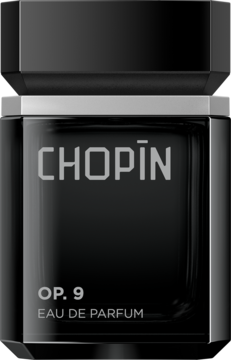Czarna, elegancka butelka perfum Chopin OP.9 Eau de Parfum z srebrnym paskiem, biały napis, widok z przodu.