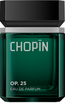 Perfumy Chopin Op. 25 Eau de Parfum w eleganckiej, ciemnozielonej szklanej butelce z czarną nakrętką, ujęcie frontalne.