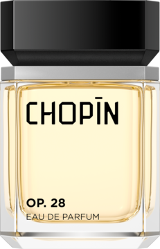 Front butelki męskich perfum Chopin OP.28 Eau de Parfum, przezroczysta, z czarną nakrętką i złotym płynem.