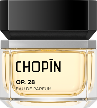 Męska woda perfumowana Chopin OP.28 w przezroczystej butelce z żółtym płynem i czarnym, kwadratowym korkiem.