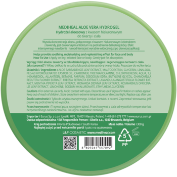 Top-down view of a round, green Mediheal Aloe Vera Hydrogel jar lid with white text, ingredients, and logos.