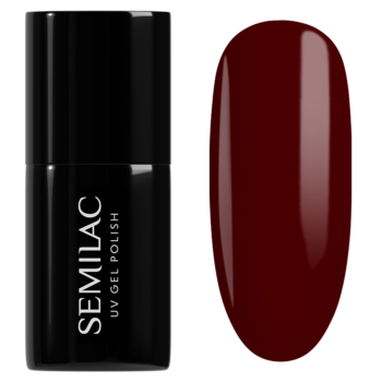 Semilac UV Gel Polish: czarna butelka lakieru hybrydowego i owalna próbka w kolorze ciemnego bordowo-brązowego.