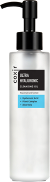 Olejek Coxir Ultra Hyaluronic z kwasem hialuronowym w przezroczystej butelce z czarną pompką. Nawilża i usuwa makijaż.