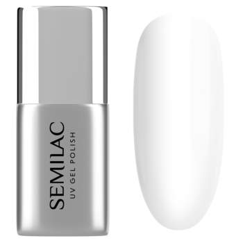 Semilac biały lakier hybrydowy UV Gel Polish w srebrnej butelce obok białego owalnego wzornika.