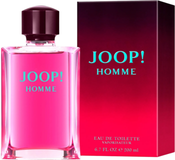 Różowa butelka JOOP! Homme EDT 200ml z niebieskim napisem, obok czerwono-fioletowe pudełko, przód.