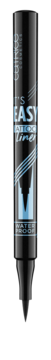 Czarny wodoodporny eyeliner Essence It's Easy Tattoo Liner, z niebieskim napisem, stojący na czarnym tle.