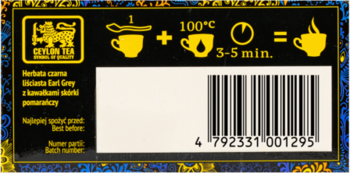 Tył opakowania czarnej herbaty liściastej Earl Grey z kawałkami skórki pomarańczy, z instrukcją parzenia i kodem kreskowym.