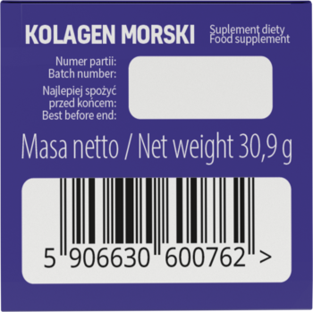 Tył fioletowej etykiety Kolagenu Morskiego, suplementu diety. Widoczne: numer partii, data, masa netto 30,9g, kod.