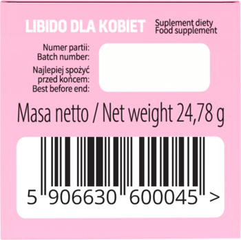 Różowa etykieta suplementu Libido dla kobiet. Widoczne: nazwa, masa netto 24,78g, numer partii, kod kreskowy.