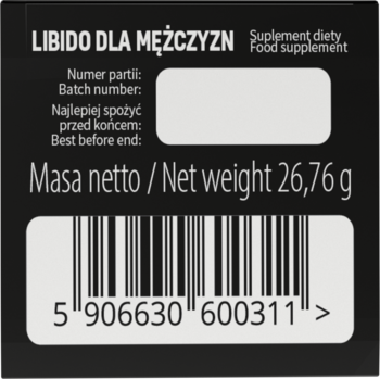 Tył czarnego opakowania suplementu Libido dla mężczyzn. Etykieta z białym tekstem, masą netto 26,76g i kodem kreskowym.
