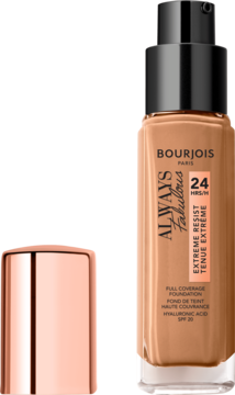Podkład Bourjois Always Fabulous kryjący 24H z SPF 20, butelka z pompką i odkręconą miedzianą nakrętką.