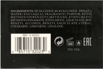 Tył czarnego opakowania wody toaletowej Guess Seductive Noir: lista składników, kod kreskowy, symbole i % VOL.