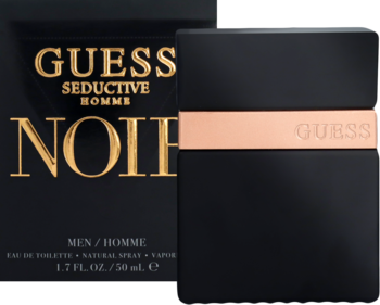 Guess Seductive Homme Noir, męska woda toaletowa 50ml w czarnej butelce z miedzianym paskiem, na tle pudełka.