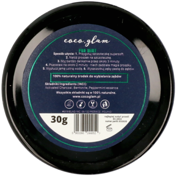Widok z góry na czarne okrągłe opakowanie Coco Glam Pro Mint 30g, naturalny proszek wybielający z węglem.