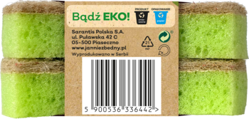 Tył opakowania ekologicznych zmywaków Zielony dom. Widoczne zielone gąbki, tekst Bądź EKO! i kod kreskowy.