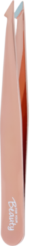Pęseta kosmetyczna do brwi, ze stali nierdzewnej w różowym złocie, z napisem Beauty, niebieską osłoną, pionowo.