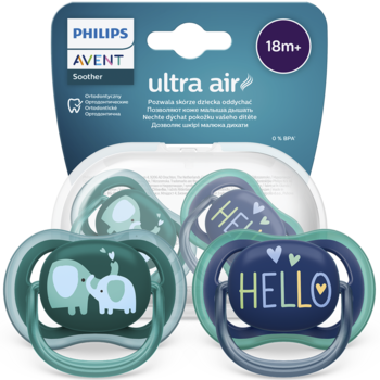 Philips Avent Ultra Air smoczki 18m+: zielony ze słoniami, granatowy z napisem HELLO, poza opakowaniem.