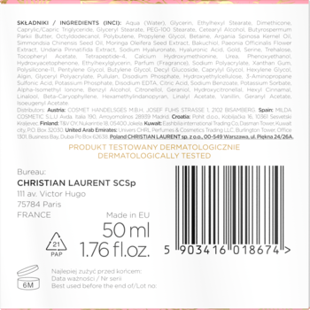 Tył opakowania kremu Christian Laurent 50ml z listą składników, kodem kreskowym i napisem 'Dermatologically Tested'.