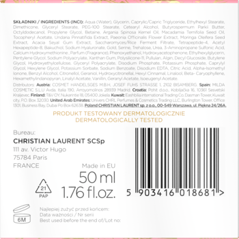 Tył opakowania kremu Christian Laurent z bakuchiolem, 50 ml, z napisem "DERMATOLOGICALLY TESTED".