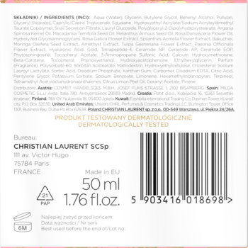 Krem przeciwstarzeniowy Christian Laurent z bakuchiolem. Tył opakowania 50ml, certyfikat i barcode.