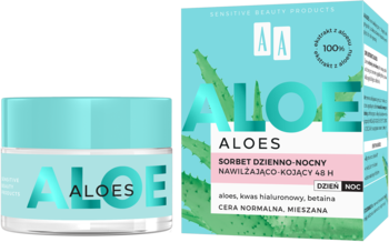 Turkusowy sorbet AA Aloe Dzienno-Nocny nawilżający krem do cery normalnej, w słoiczku i pudełku, z przodu.