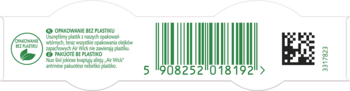 Tył opakowania wkładu Air Wick Magnolia i kwiat wiśni, zielony kod kreskowy, QR i logo recyklingu.