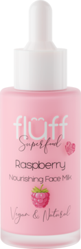 Fluff Superfood Raspberry Nourishing Face Milk w różowej butelce z białym zakraplaczem i ilustracją maliny.