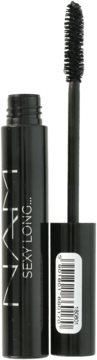 Czarny, wydłużający tusz NAM Sexy Long Mascara, otwarta butelka ze szczoteczką obok, widok z przodu.