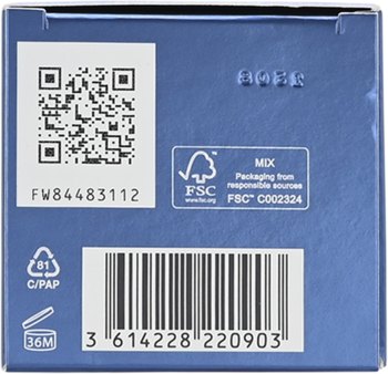 Tył niebieskiego opakowania perfum z kodem QR, kreskowym, FSC i symbolami recyklingu.