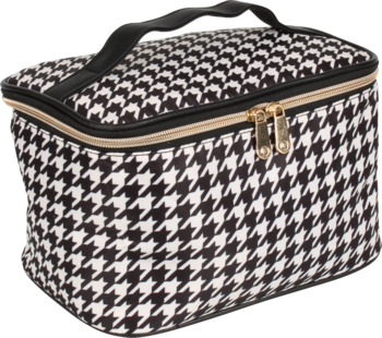 Elegancka podróżna kosmetyczka box w czarno-białą pepitkę, widok z przodu, złota rączka i zamek.